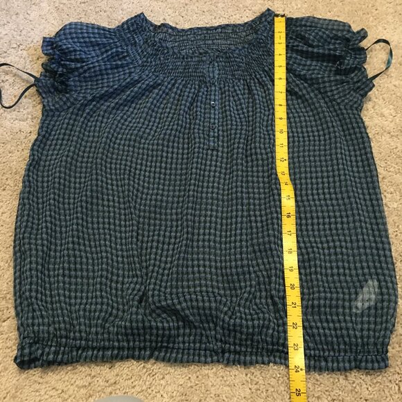 Checkered Chiffon Ruched Puff Sleeve Milkmaid Blouse - Picture 10 of 12